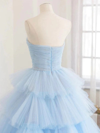 Blue Tulle Tiers Strapless Pleats Prom Dress