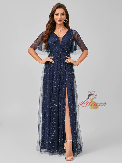 Navy Blue Tulle V-neck Prom Dress