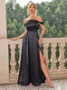 Black Satin Off the Shoulder Split Prom Dress