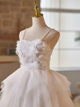 White Tulle Spaghetti Straps Pearls Short Dress
