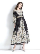 Retro Palace Style V-neck Lantern Sleeve Printed Dress
