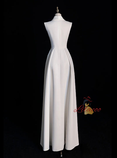 White V-neck Sleeveless Prom Dress