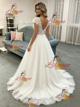 White Tulle V-neck Lace Cap Sleeve Wedding Dress