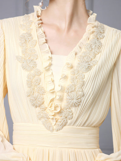 Long Sleeve Pleats Beading Mother Of The Bride Dress