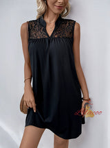 Sleeveless Loose Solid Color Lace Stitching Dress