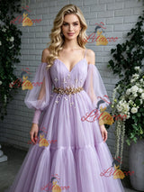 Purple Tulle Long Sleeve Pleats Prom Dress