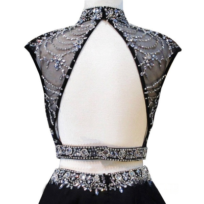 Black High Neck Beaded Crystals Chiffon Homecoming Dress