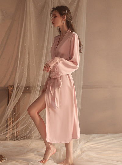 Satin Lace Long Robe Sexy Pajamas