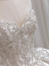 White Satin Strapless Sequins Wedding Dress