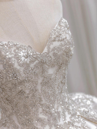 White Satin Strapless Sequins Wedding Dress