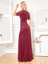 Burgundy Sequins V-neck Short Sleeve Prom Dress