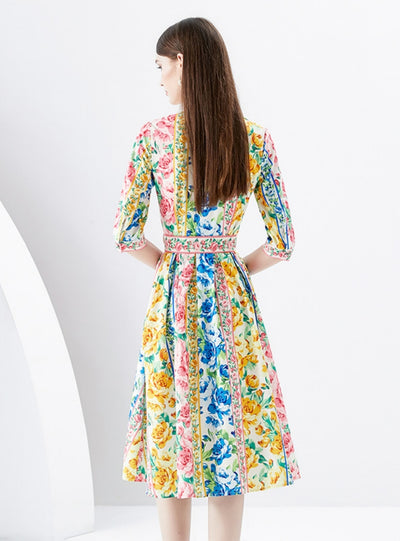 Short Sleeve Lapel Printed Single-breasted Dress
