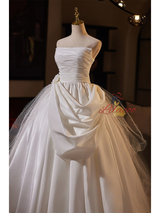 White Satin Strapless Pleats Wedding Dress