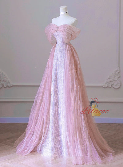 Pink Mermaid Tulle Sequins Prom Dress