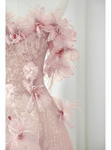 Blue Tulle Sequins Off the Shoulder Flower Prom Dress