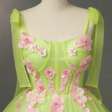 Green Tulle Straps Pink 3D Appliques Quinceanera Dress