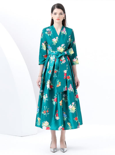 V-neck Long Sleeve Long Retro Print Dress