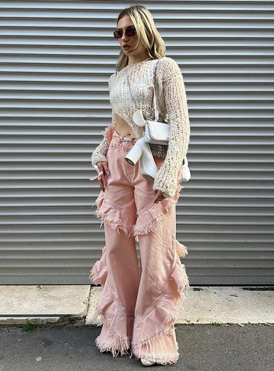 Irregular Fringed High Waist Straight Jeans