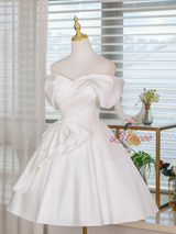 White Satin Pleats Bow Wedding Dress