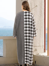 V-neck Plaid Stitching Pocket Loose Long Sleeve Dress