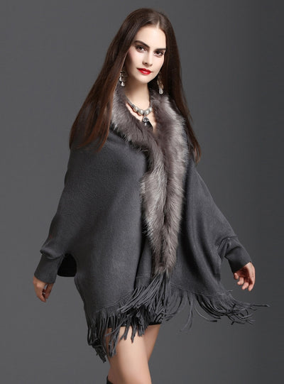Large Size Fur Collar Fringed Cardigan Shawl Coat