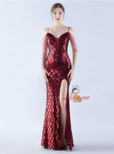 Spaghetti Straps Sequins Beading Split Prom Dress