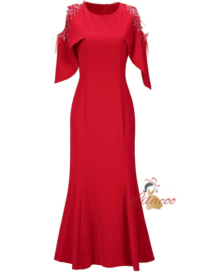 Red Scoop Neck Sequins Mother Of The Bride Dress