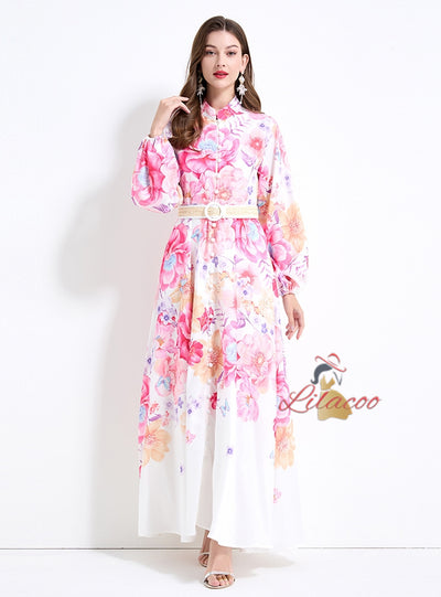 Long Lantern Sleeve Printed Dress