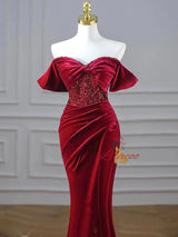 Burgundy Mermaid Velvet Sequins Pleats Prom Dress