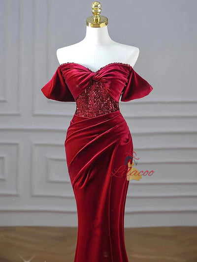 Burgundy Mermaid Velvet Sequins Pleats Prom Dress