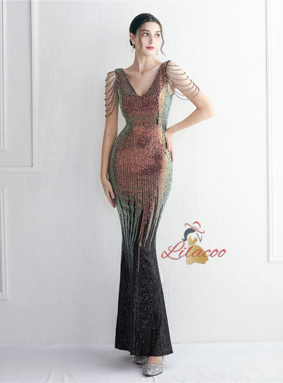 Mermaid V-neck Sequins Beading Prom Dress