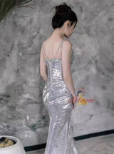 Silver Mermaid Sequins Straps Pleats Prom Dress