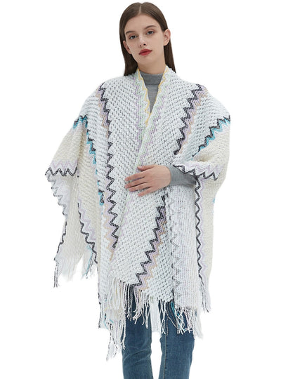 Ethnic White Knitted Split Tassels Shawl