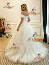 Beige White Tulle Off the Shoulder Wedding Dress