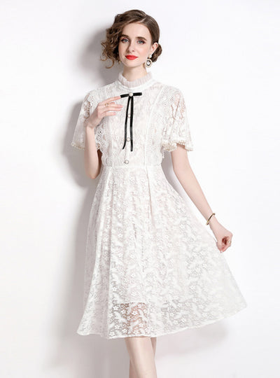 A-line White Lace Button Dress