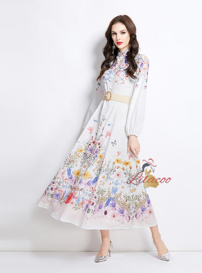 Palace Print Lantern Sleeve Long Dress