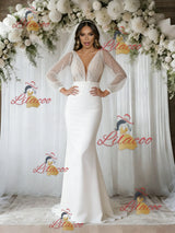White Mermaid Sequins Long Sleeve Wedding Dress