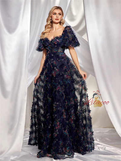 Floral Short-sleeved Slim Party Dress