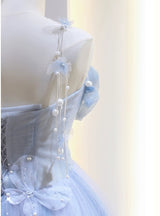 Blue Tulle Sequins Off the Shoulder Butterfly Prom Dress