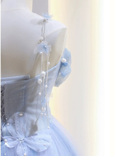 Blue Tulle Sequins Off the Shoulder Butterfly Prom Dress