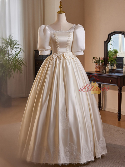 Ivory White Satin Short Sleeve Bow Wedding Dress