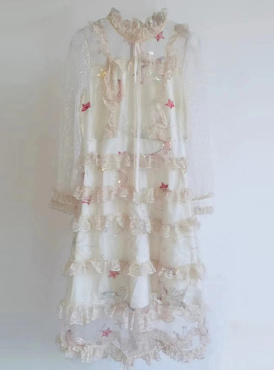 Sequined Embroidered Star Lace Slim Mesh Dress