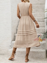 Solid Color Striped Sleeveless V-neck Elastic Waist Dress