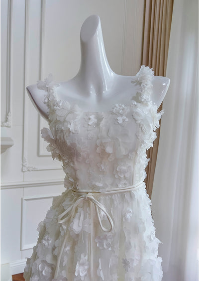 White Tulle Straps 3D Flower Prom Dress
