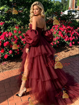 Burgundy Tulle Pleats Long Sleeve Prom Dress