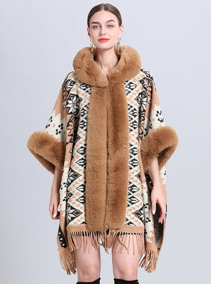 Hooded Fringed Loose Jacquard Cloak Shawl
