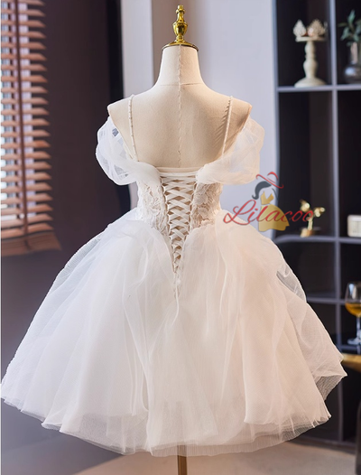 White Tulle Lace Pleats Short Wedding Dress