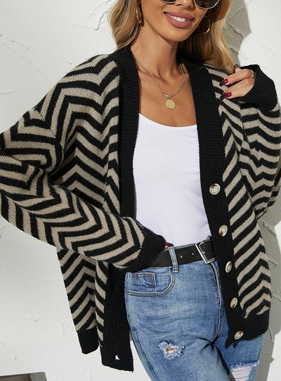 Striped Stitching Button Cardigan Sweater Coat