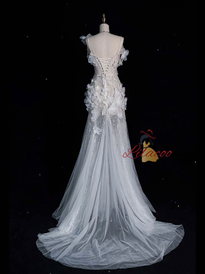 White Mermaid Sequins Flower Wedding Dress