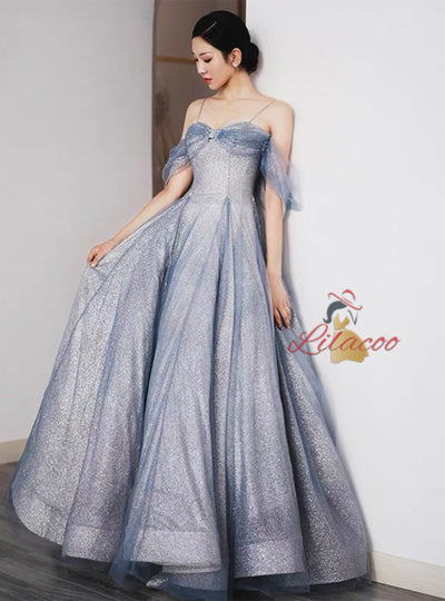 Blue Tulle Sequins Pleats Straps Beading Prom Dress